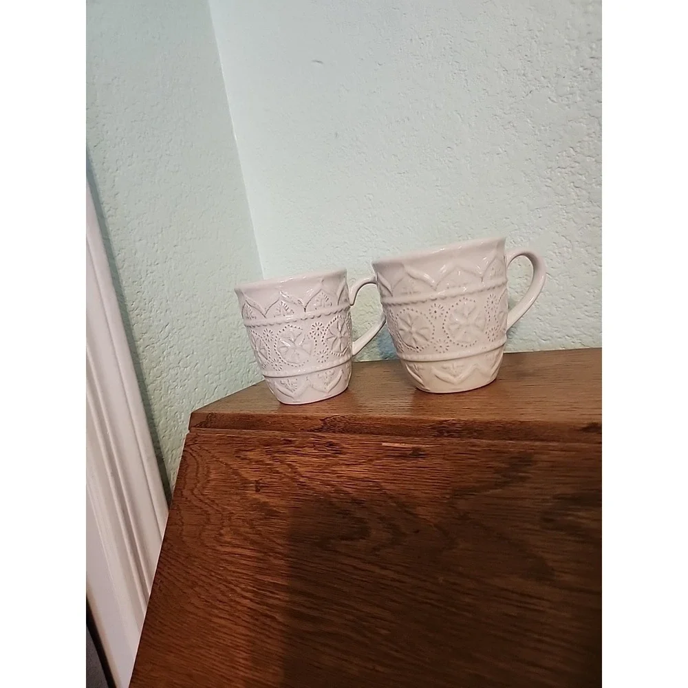 (2) Pier 1 Stoneware Coffee Mugs Hand Painted Chateau Clair Ivory-White Embossed